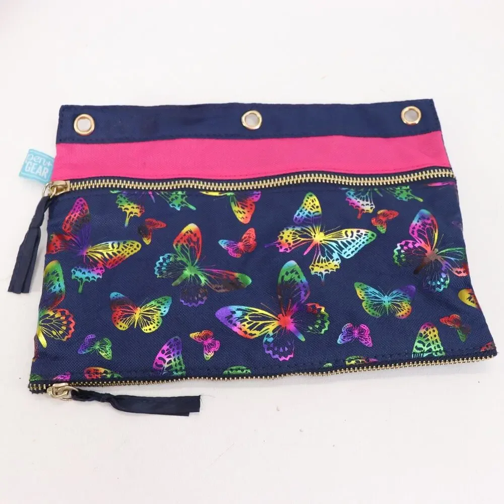 Pen & Gear Pencil Case 3 Ring Binder School Double Zip Pouch Lined Butterfly